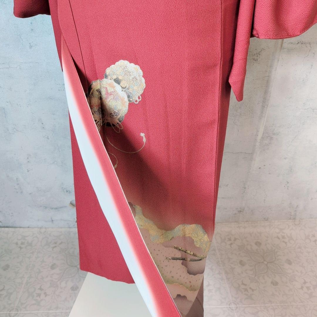 訪問着　フルセット　着物　正絹　赤　金　楽器　笛　バチ衿　O5