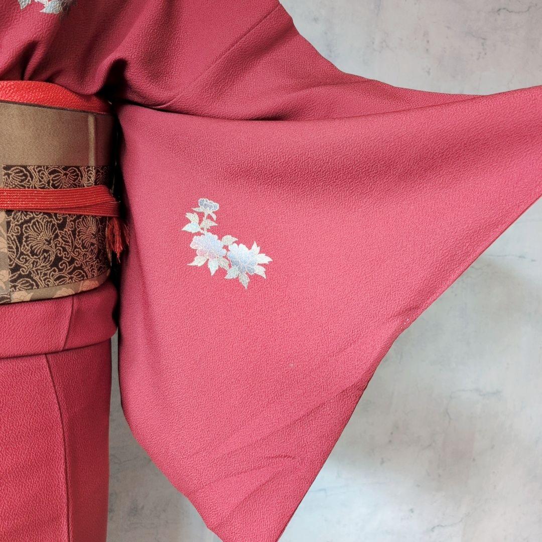 訪問着　フルセット　着物　正絹　赤　金　楽器　笛　バチ衿　O5