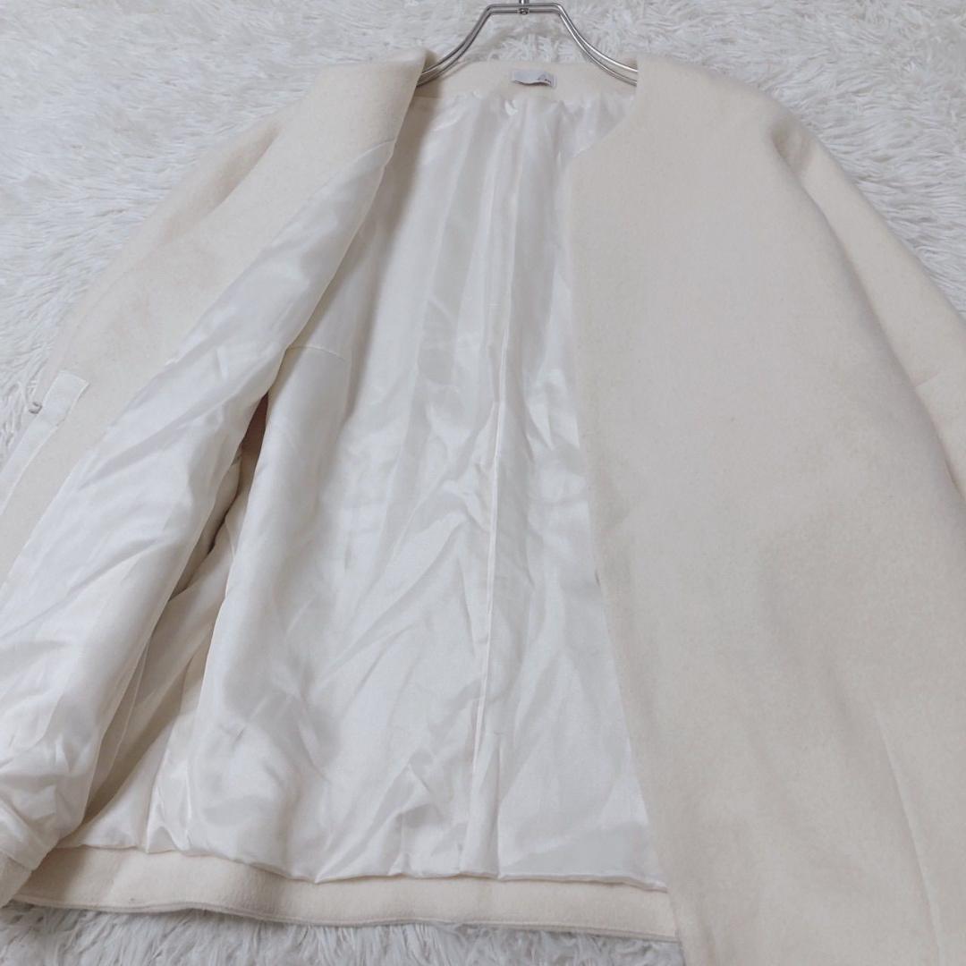 エムドット　ノーカラーコート　ミディアム丈　ウール混　上品　通勤　冬　アイボリー