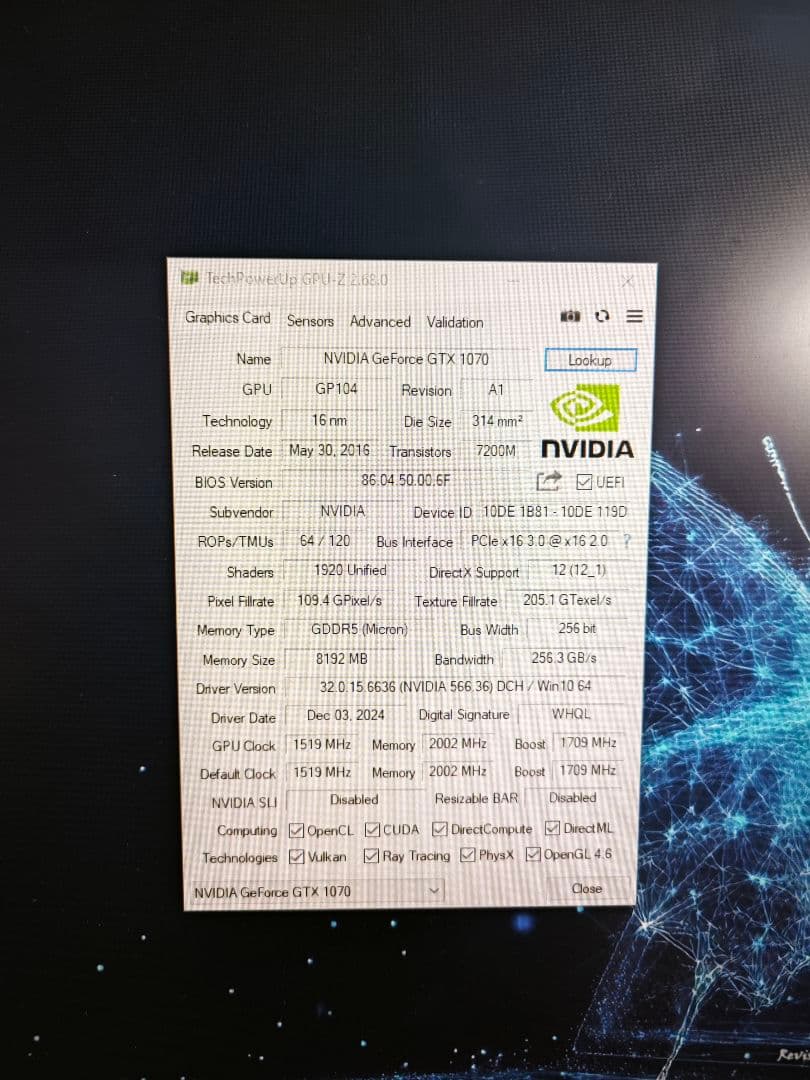 NVIDIA GeForce GTX 1070 8GB 動作確認済・良好な状態
