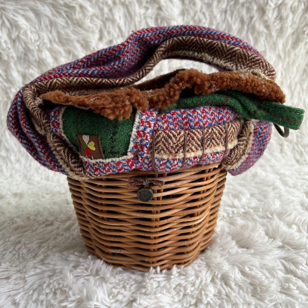 エバゴス かごバッグ 紅籘 ムートンレザー被せ ハリスツイード