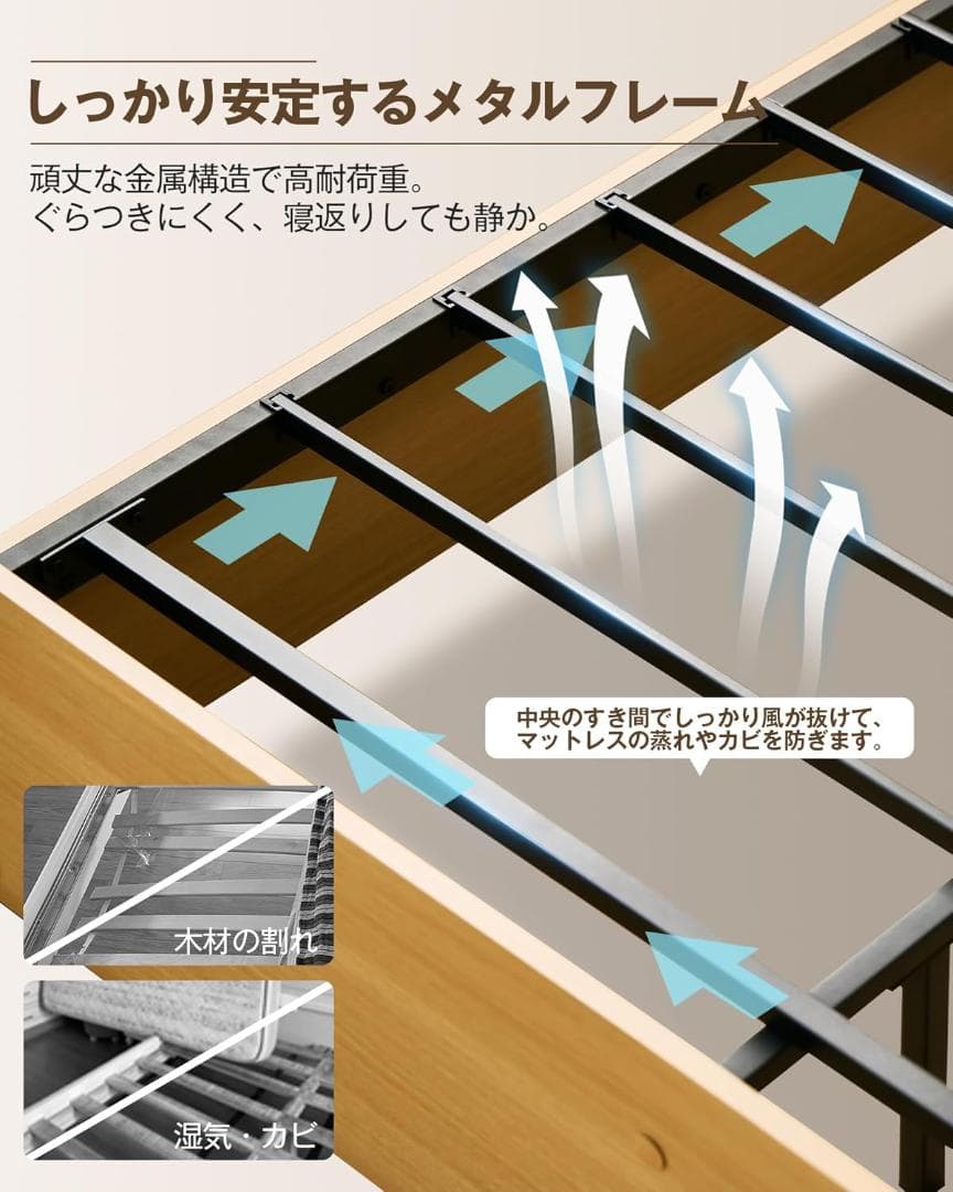 ベッドフレーム 収納付き シングル コンセント付AC+USB 耐荷重150kg