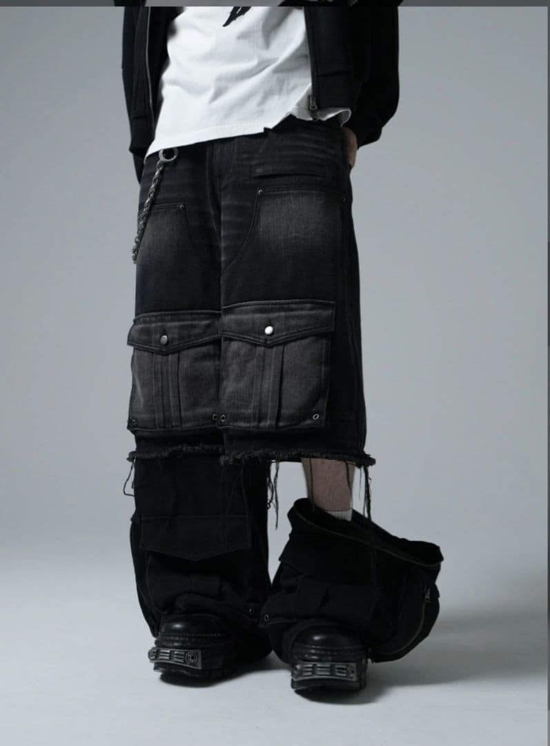 CHIKASHITSU PLUS HIGH レイヤードカーゴデニムパンツ