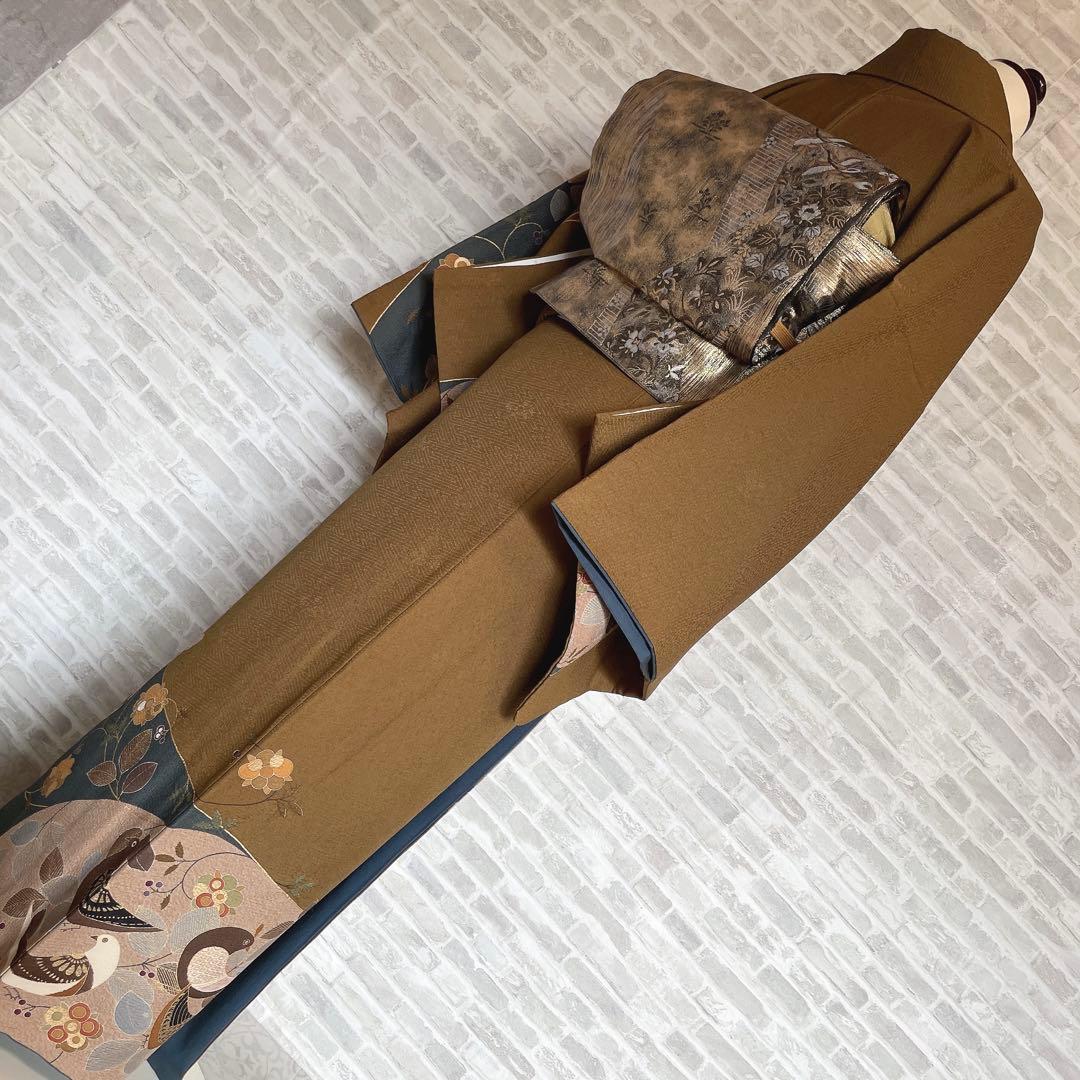 訪問着　フルセット　鳥　猫　鼠　旬　落款　可愛らしい　金駒刺繍　Q4