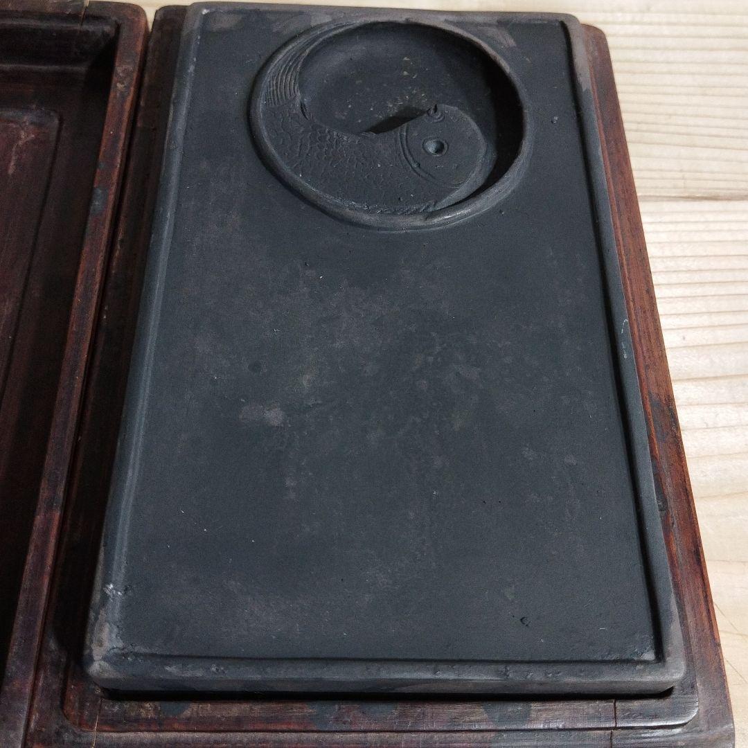 木製 硯箱 魚の彫刻 硯