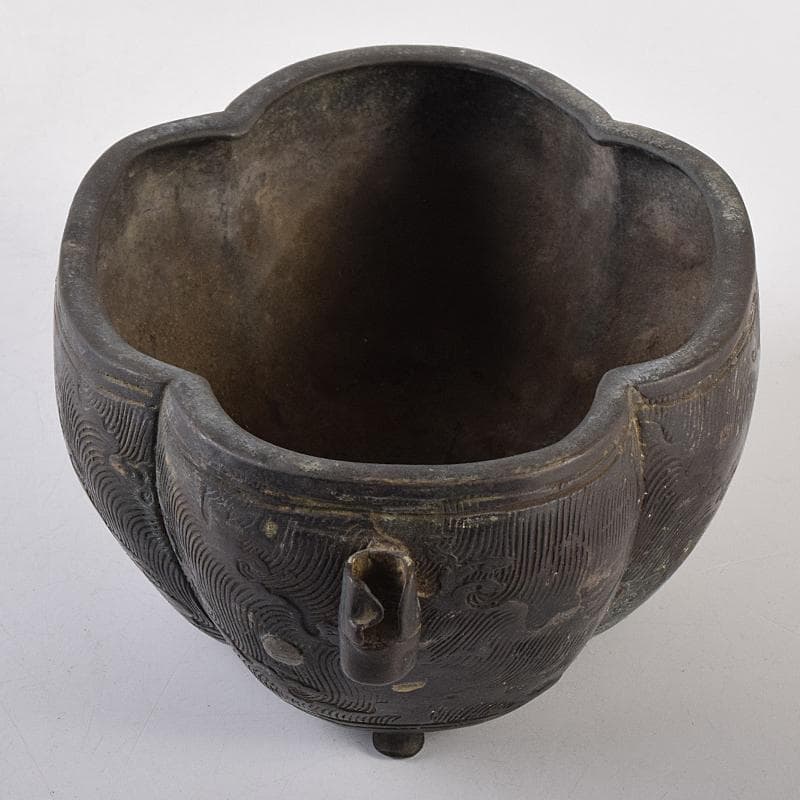 中国　古銅　波刻　木瓜形双耳香炉　M　R8837