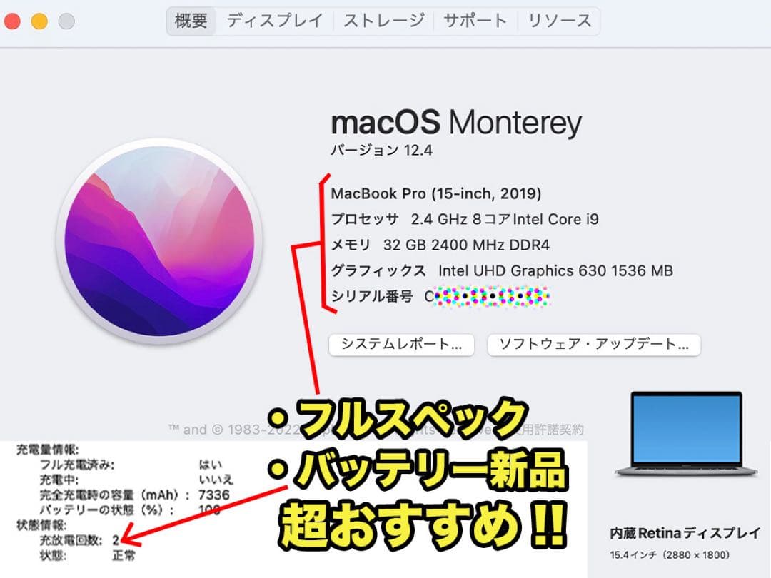 MacBook Pro 2019 15インチ i9 / 32GB / 1TB