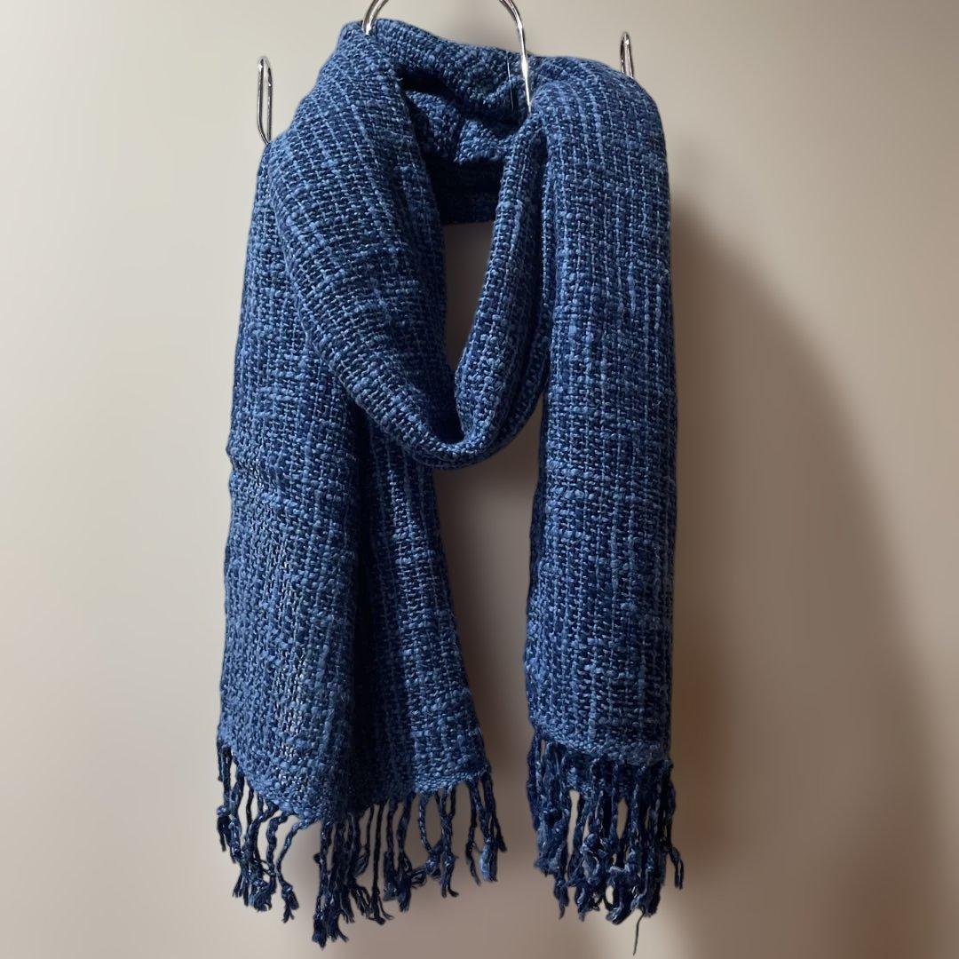 藍染　スラブコットンストール　先染め　オーガニック綿100% 手織り