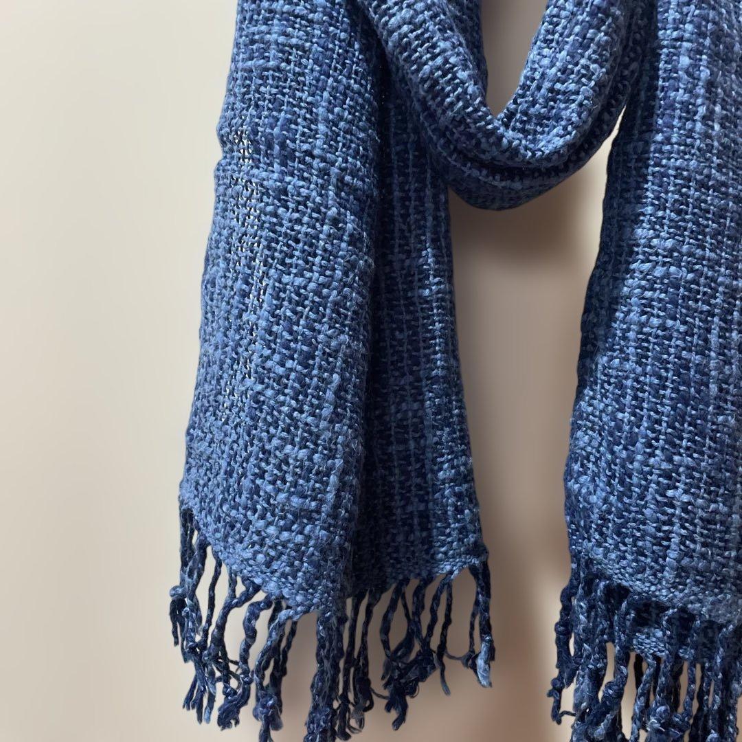 藍染　スラブコットンストール　先染め　オーガニック綿100% 手織り
