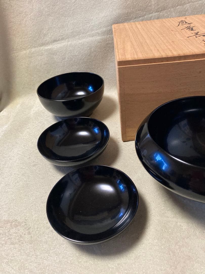 漆器　山田平安堂　器　仏器　黒漆器　入れ子腕　共箱付き　レトロ/a