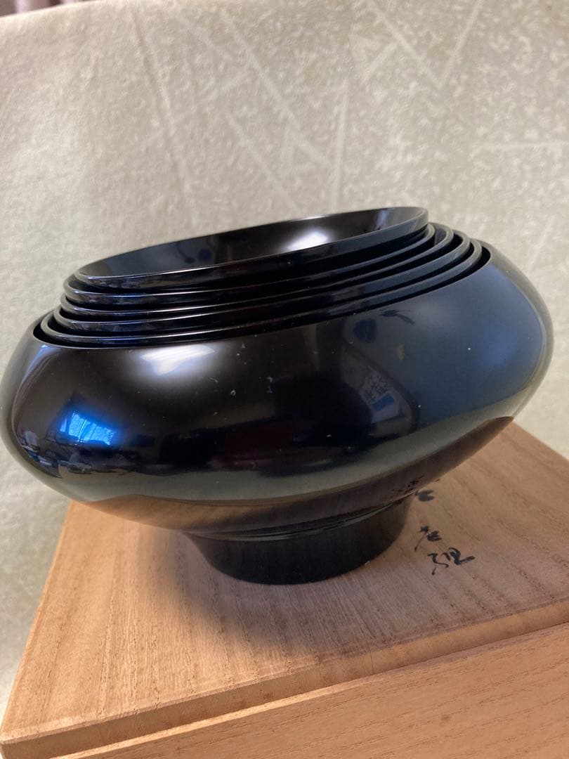 漆器　山田平安堂　器　仏器　黒漆器　入れ子腕　共箱付き　レトロ/a