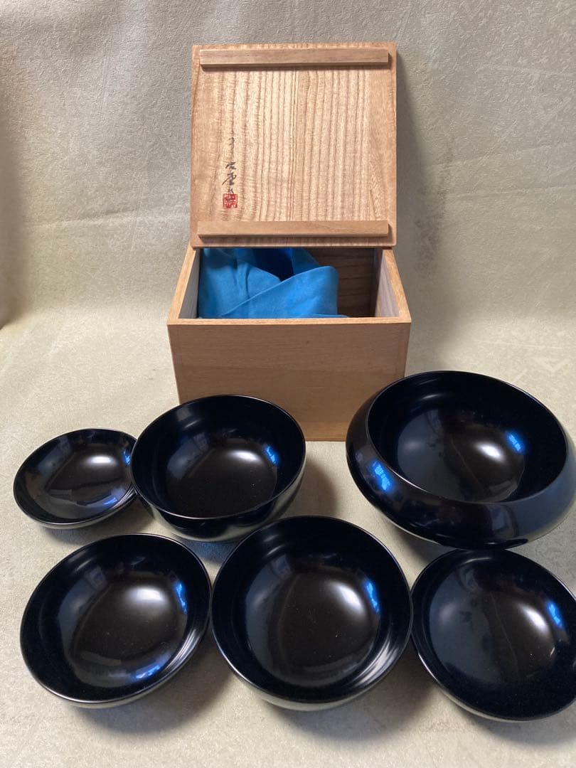 漆器　山田平安堂　器　仏器　黒漆器　入れ子腕　共箱付き　レトロ/a