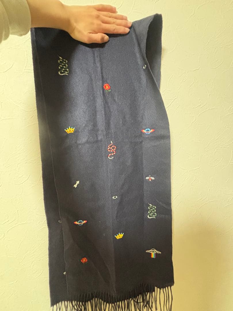 GUCCI 刺繍 ネイビー ストール フリンジ付き