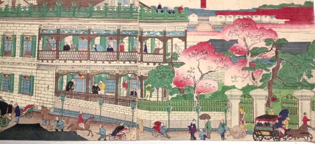 浮世絵版画、東京海運橋兜街三枚綴り繋がってます一交斎幾丸（竹田幾丸)明治5年出版