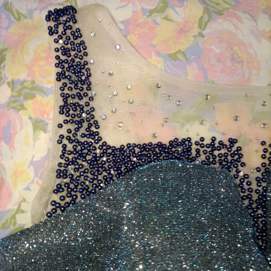 H-5 ダークブルー ビーズ＆光沢の有る総ラメ入装飾　 パーティドレス　カラオケ