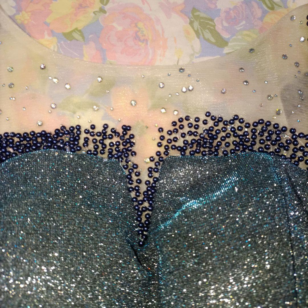 H-5 ダークブルー ビーズ＆光沢の有る総ラメ入装飾　 パーティドレス　カラオケ