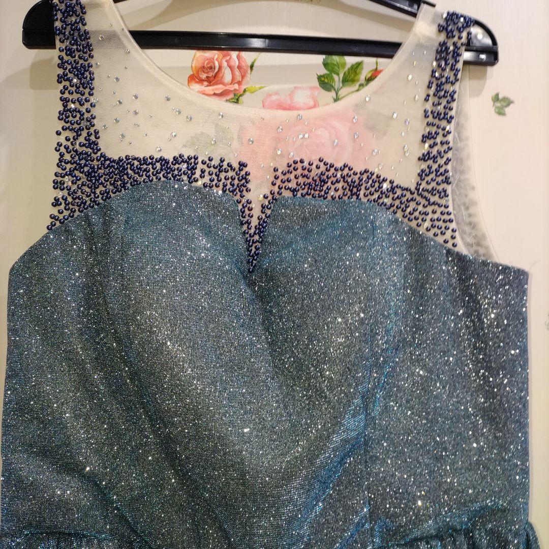 H-5 ダークブルー ビーズ＆光沢の有る総ラメ入装飾　 パーティドレス　カラオケ