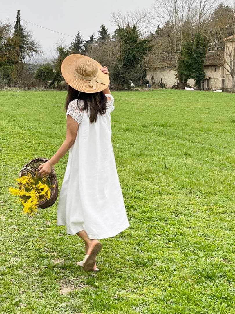 ◆フランスアンティーク｜手編みレースのナイトドレス、リネンワンピース、ネグリジェ