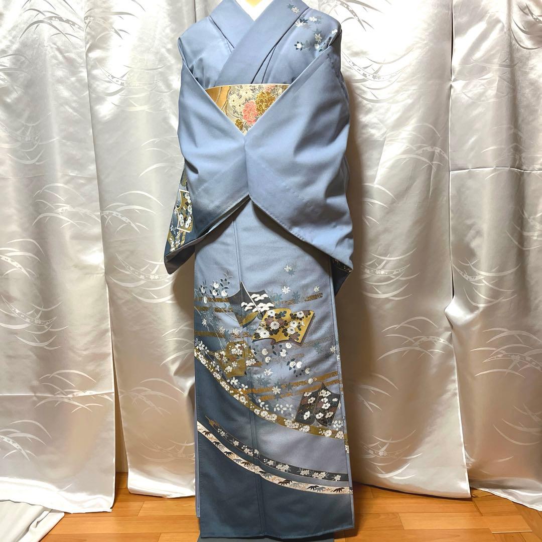 【胴抜き】洗える着物　訪問着　グレイッシュな水色