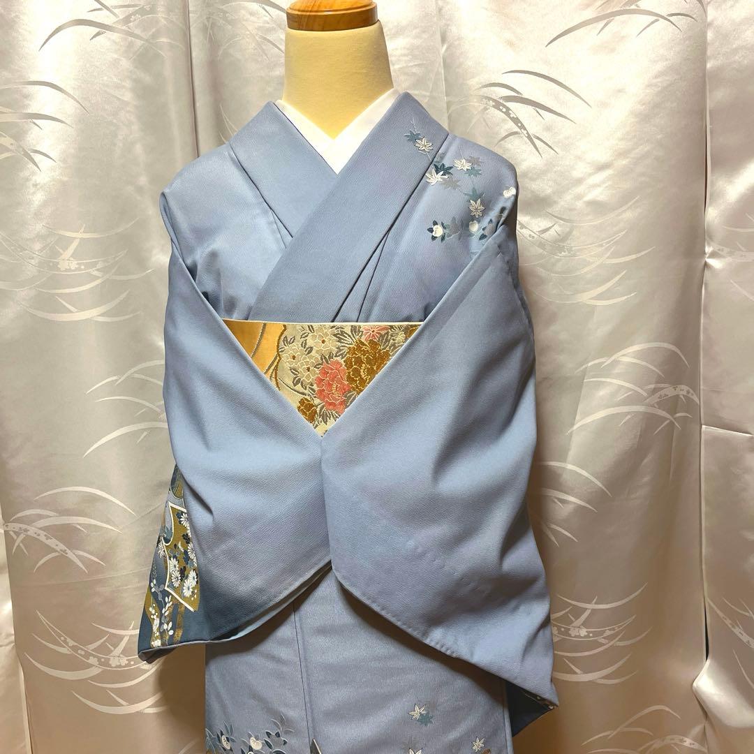 【胴抜き】洗える着物　訪問着　グレイッシュな水色