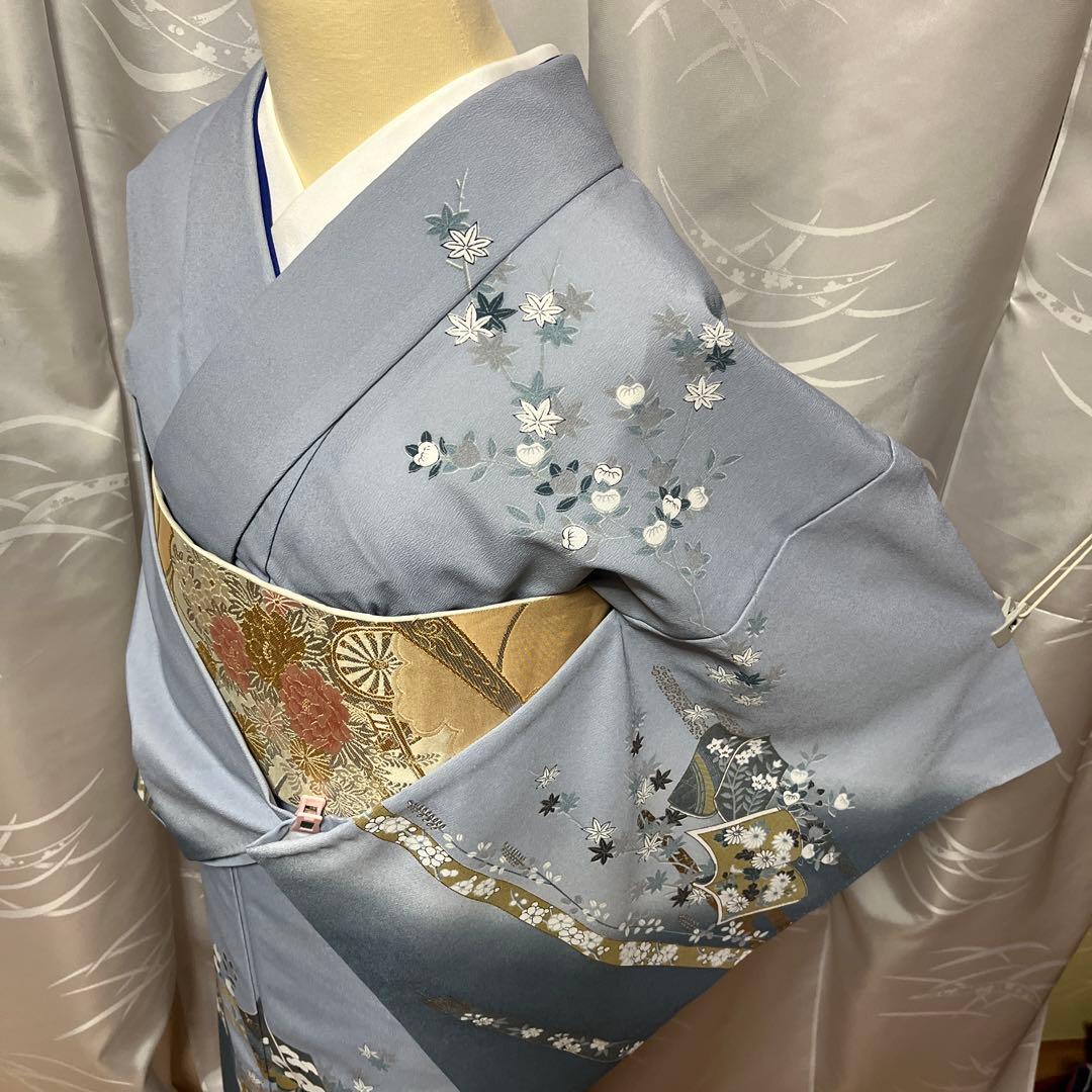 【胴抜き】洗える着物　訪問着　グレイッシュな水色