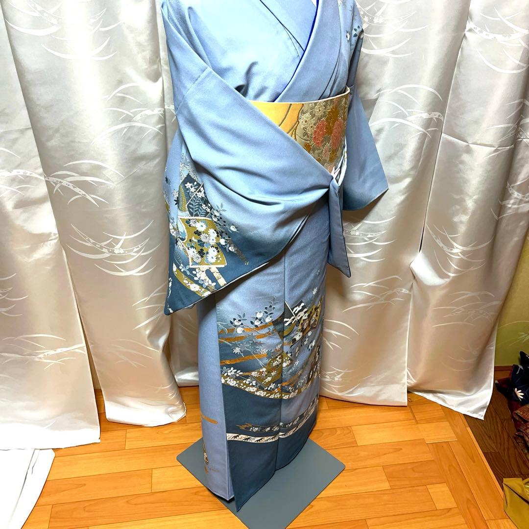 【胴抜き】洗える着物　訪問着　グレイッシュな水色