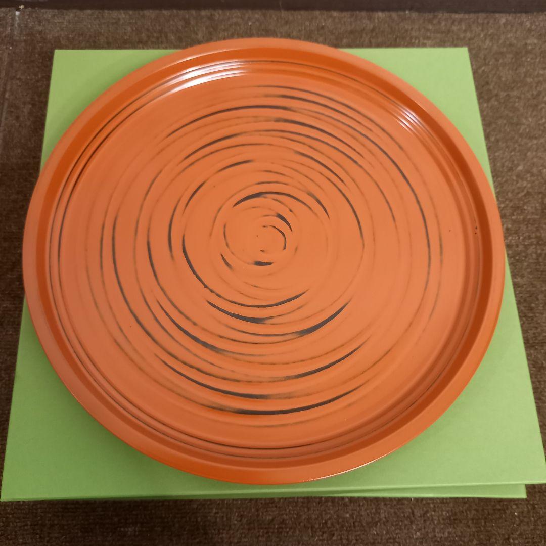 【未使用】象彦の丸盆　(根来塗　漆器　ロクロ目　朱塗り　丸盆　中)2枚セット