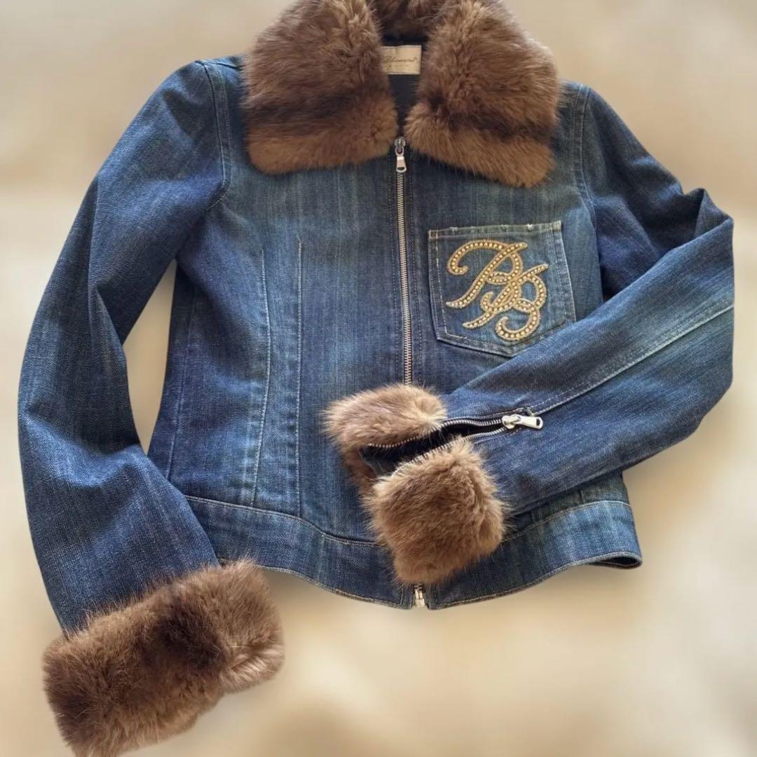 blumarine高級リアルファー付きデニムジャケット、