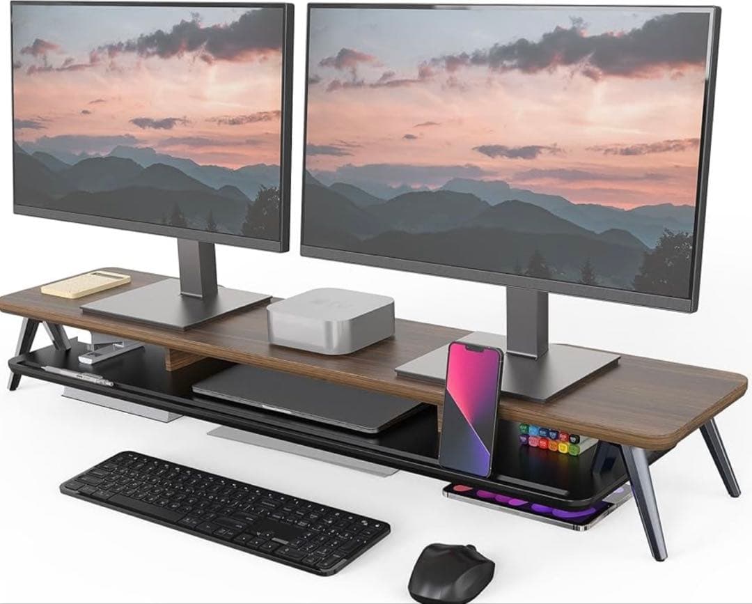 【定価13000円】木目調ワイドモニタースタンド／モニター台/デスクシェルフ