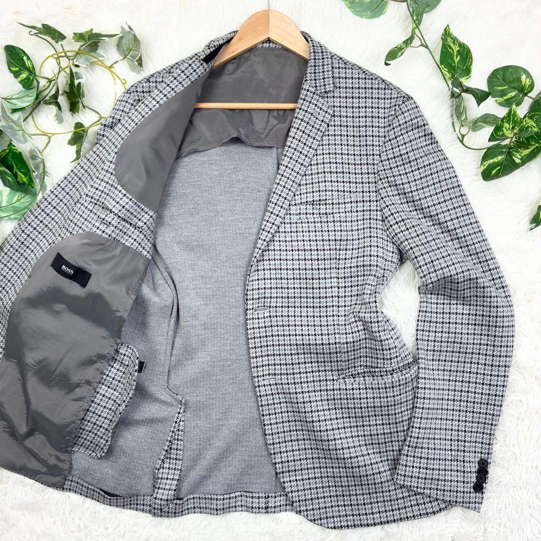 美品　BOSS　千鳥格子　ジャージーアンコンジャケット　ニットテーラード　2XL