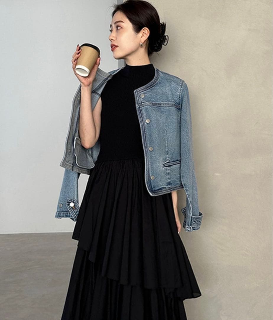 anuansノーカラーデニムジャケット