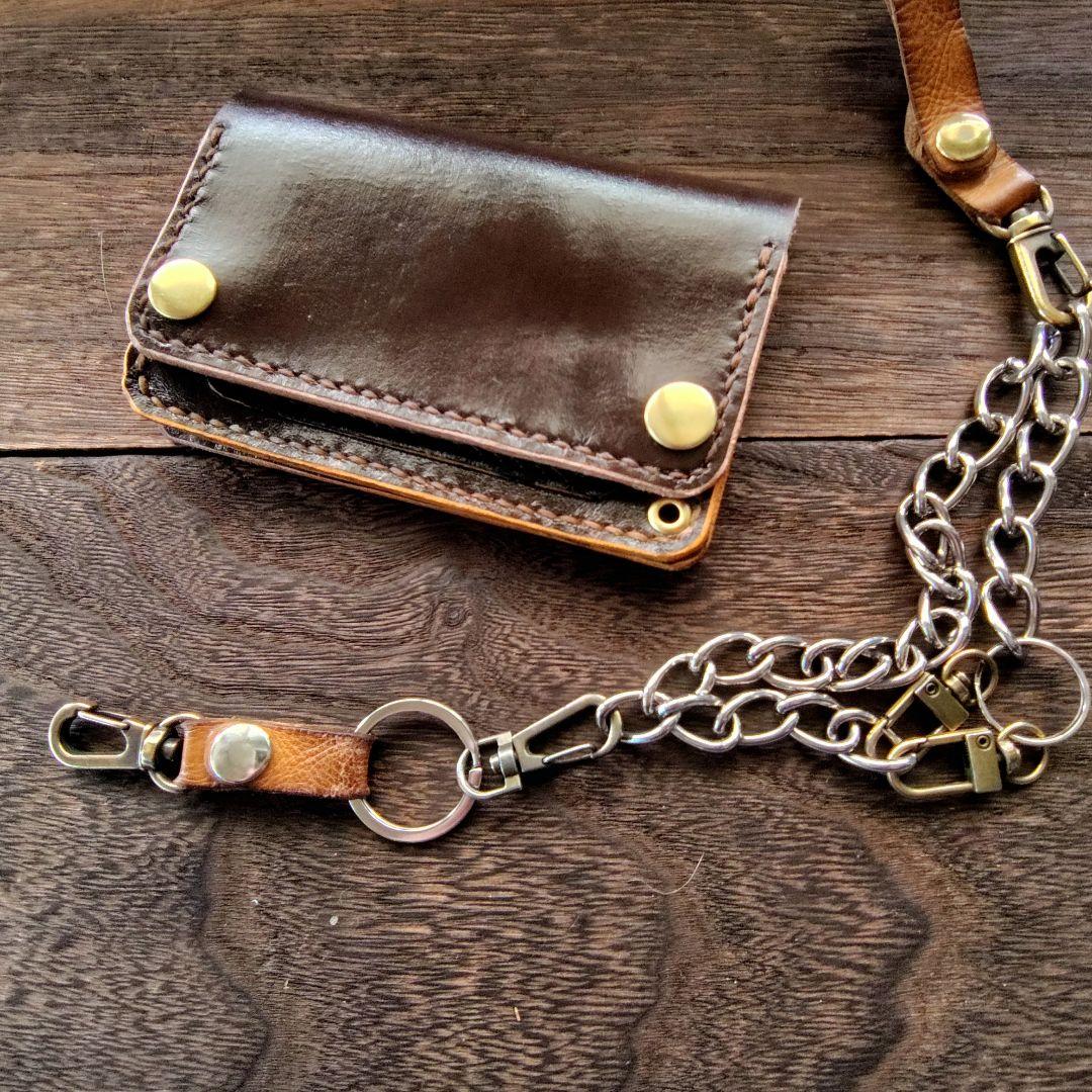 ミドルサイズ　トラッカー　ウォレット　茶×黒　手染め　薔薇