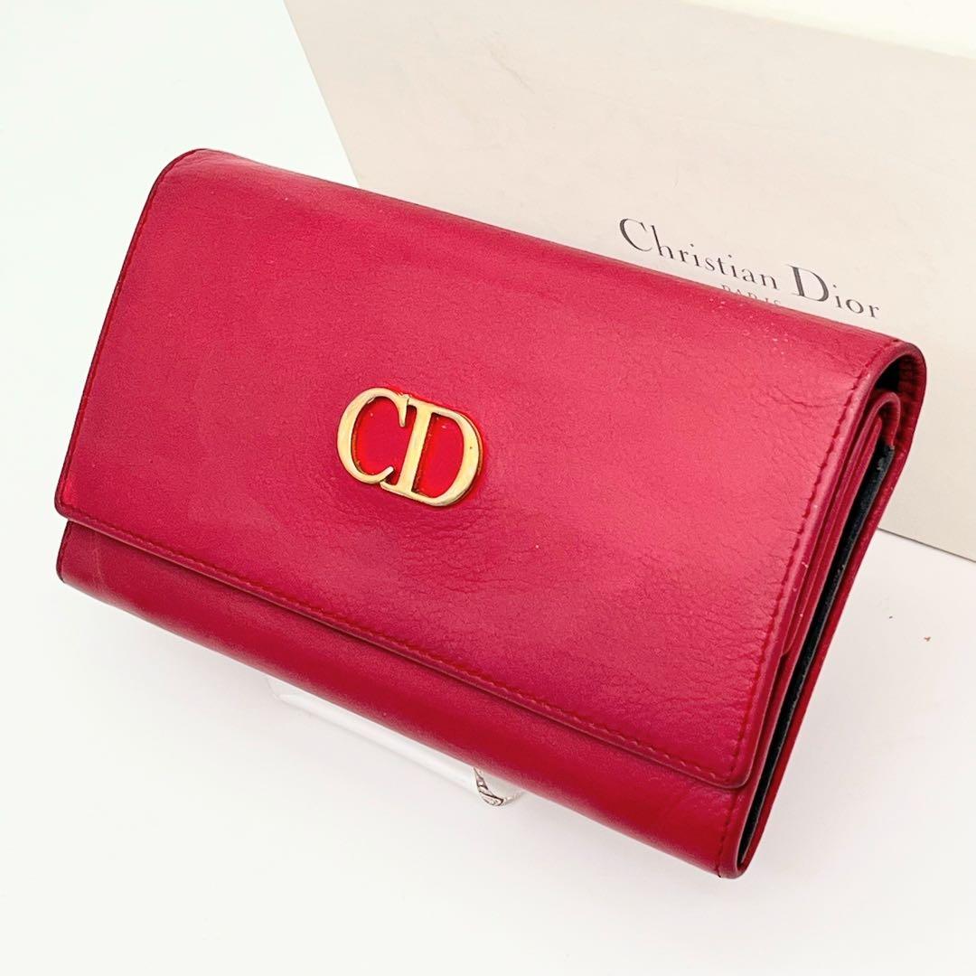 クリスチャンディオール 長財布 フラップウォレット CDロゴ金具 ピンク レザー