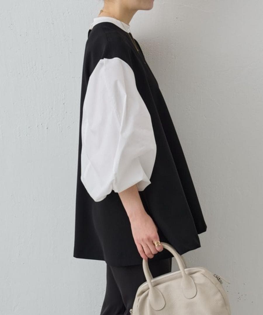 ビアズリー　レイヤード風ボリューム袖ブラウス　ブラック　洗える　長袖