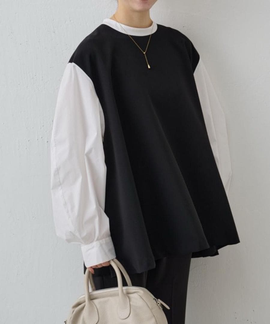 ビアズリー　レイヤード風ボリューム袖ブラウス　ブラック　洗える　長袖