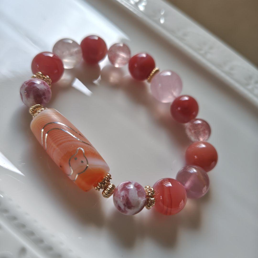 新作♡白蛇天珠、モザンビーク産ローズクォーツ、ピーチ塩源瑪瑙、ピンクレピドシリカ