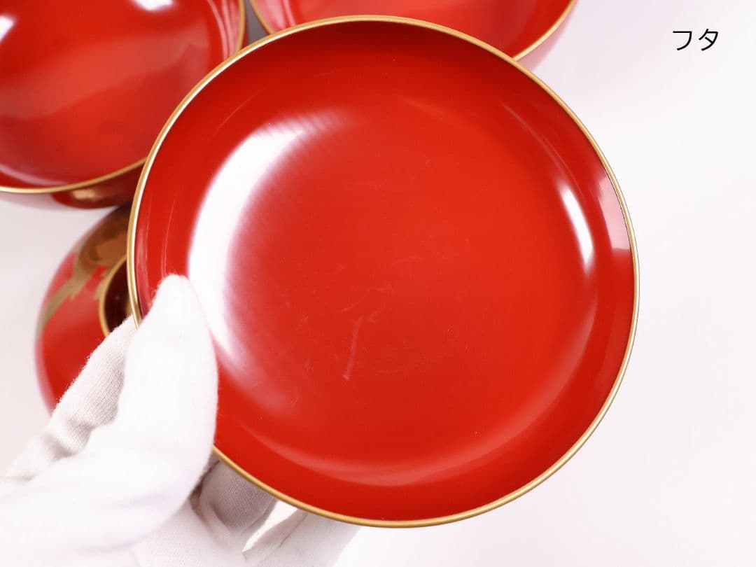 【MB178】輪島塗 花鳥金蒔絵 朱塗椀 二客 煮物椀 天然木漆塗 鶯牡丹 昭和