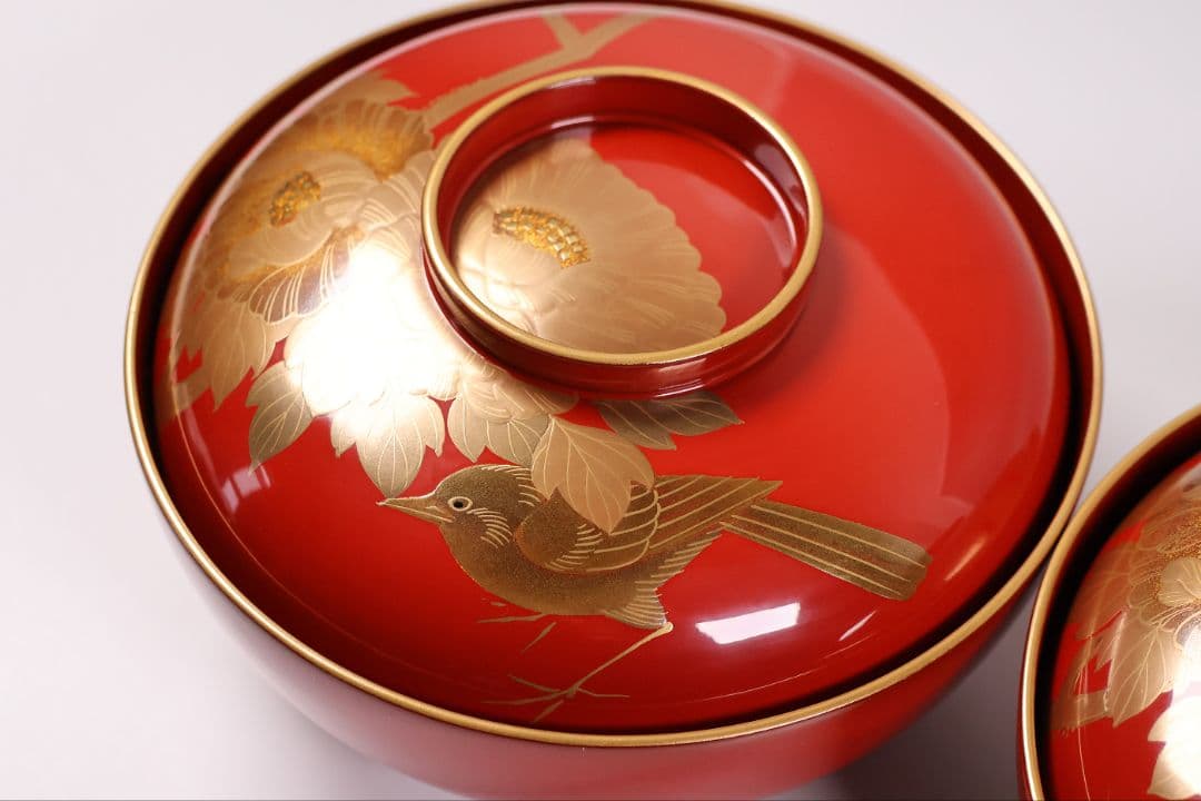 【MB178】輪島塗 花鳥金蒔絵 朱塗椀 二客 煮物椀 天然木漆塗 鶯牡丹 昭和