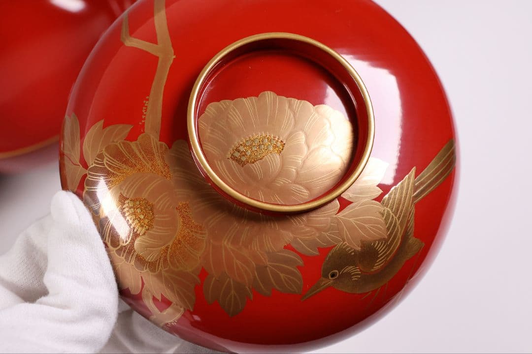 【MB178】輪島塗 花鳥金蒔絵 朱塗椀 二客 煮物椀 天然木漆塗 鶯牡丹 昭和