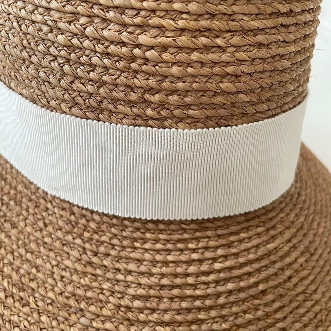 ヘレンカミンスキー　ブラウン 麦わら帽子 ホワイトリボン　ラフィア