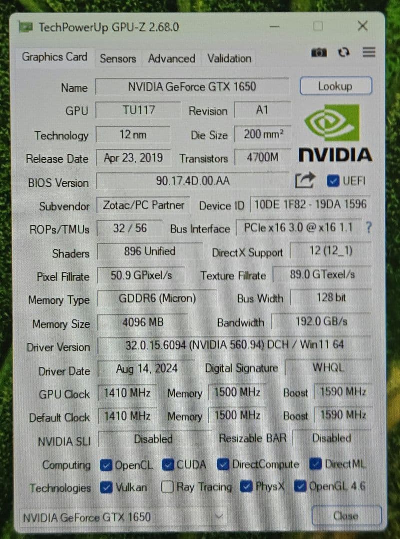 グラフィックボード・グラボ・ビデオカード ZOTAC GTX1650 LP