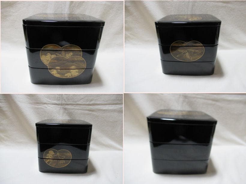 輪島塗　三段重箱　団扇に近江八景蒔絵　大雅堂　五郎造