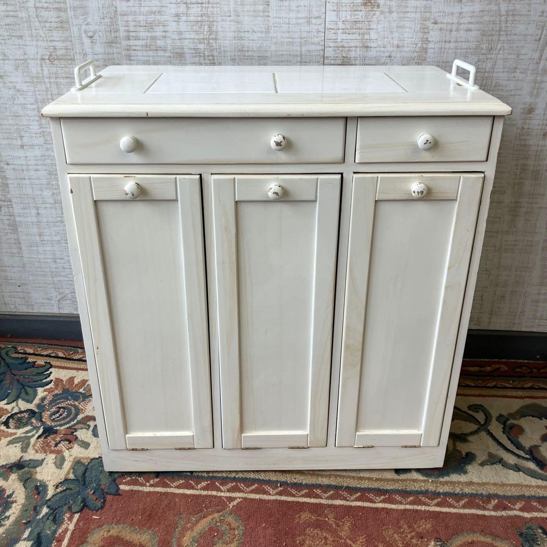 北欧レトロ 3分別 タイル張り 木製ダストボックス ゴミ箱 キッチンワゴン