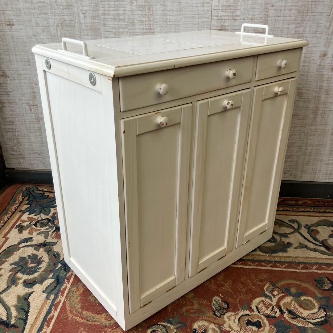 北欧レトロ 3分別 タイル張り 木製ダストボックス ゴミ箱 キッチンワゴン