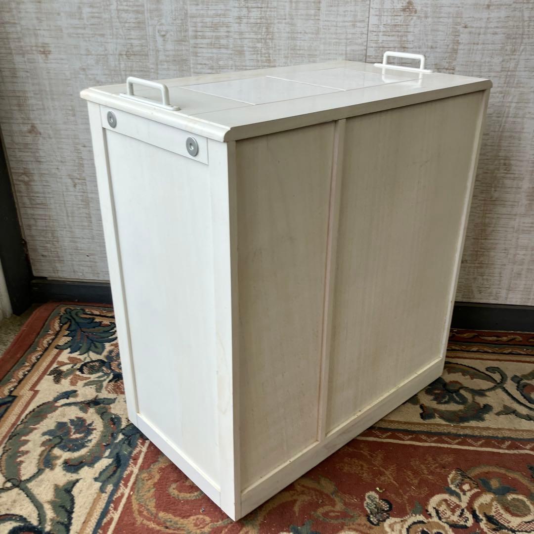 北欧レトロ 3分別 タイル張り 木製ダストボックス ゴミ箱 キッチンワゴン