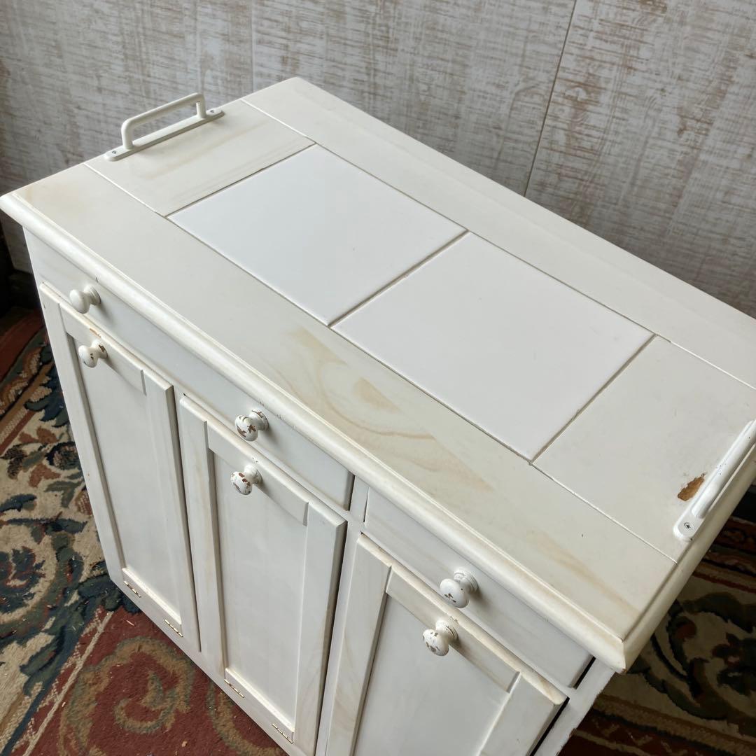 北欧レトロ 3分別 タイル張り 木製ダストボックス ゴミ箱 キッチンワゴン