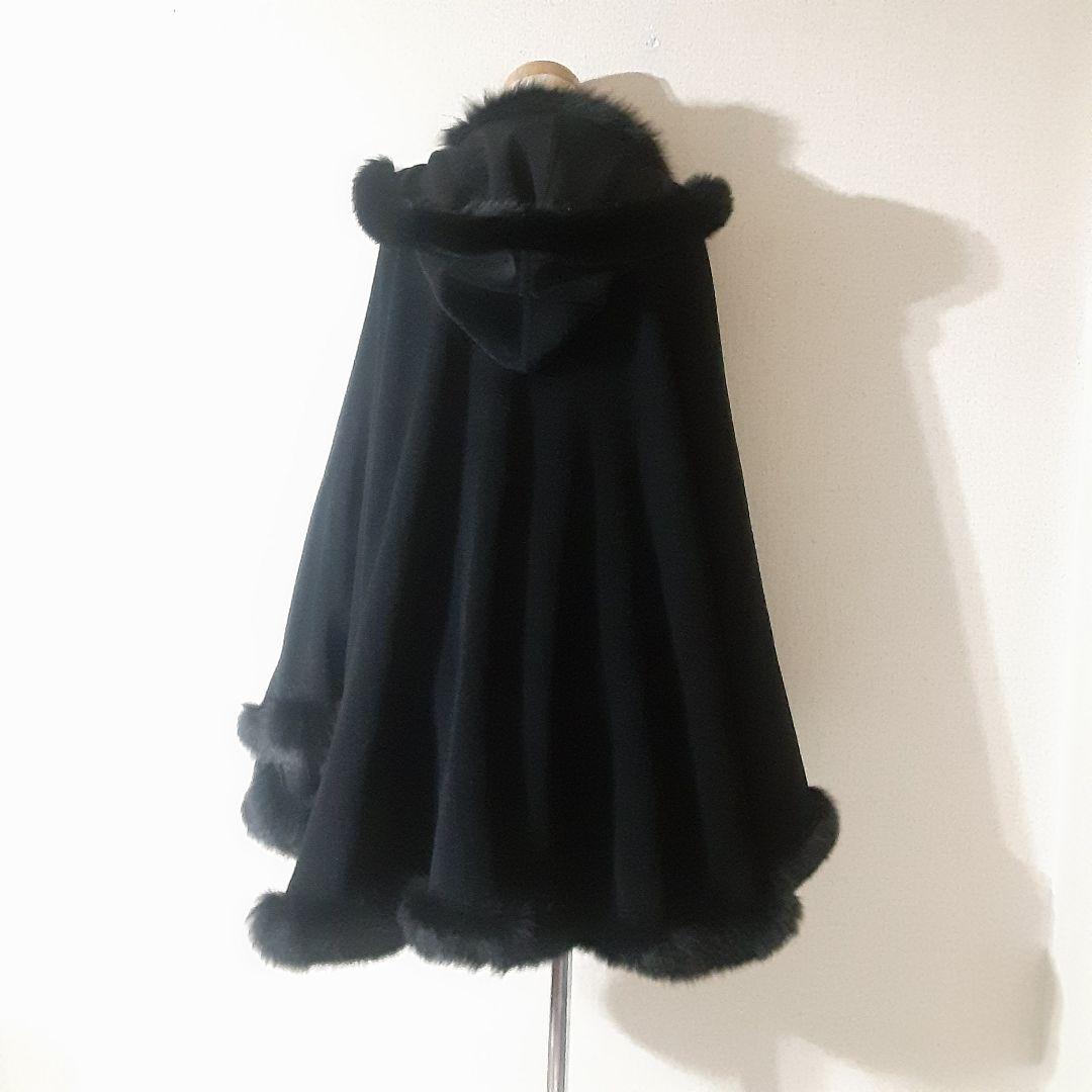ロブアート　極美品　アンゴラ　リアルファー　フード付きケープコート　黒　日本製