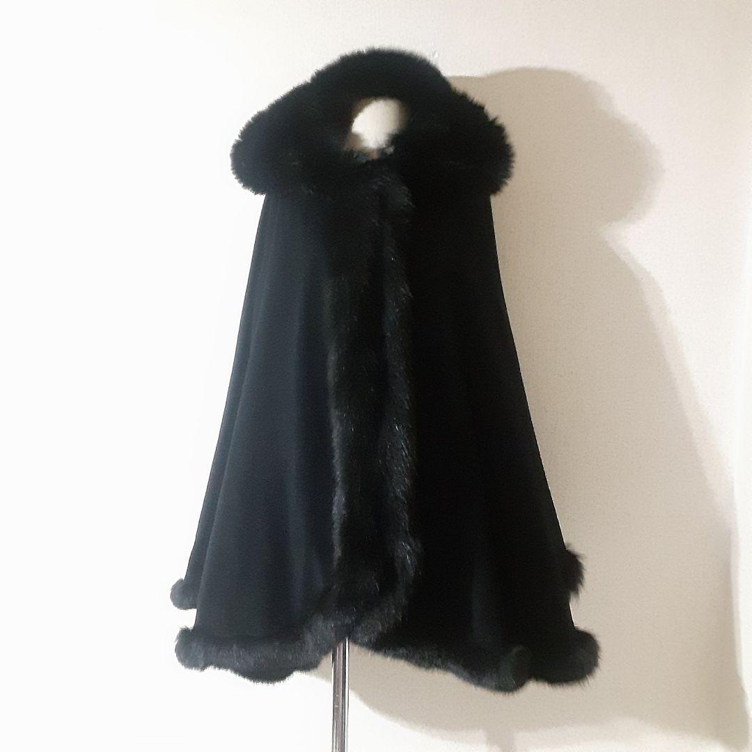 ロブアート　極美品　アンゴラ　リアルファー　フード付きケープコート　黒　日本製