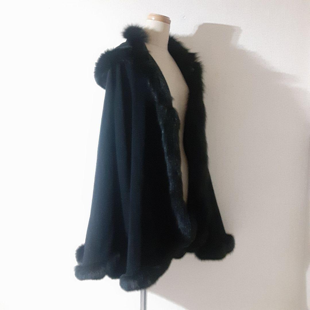 ロブアート　極美品　アンゴラ　リアルファー　フード付きケープコート　黒　日本製