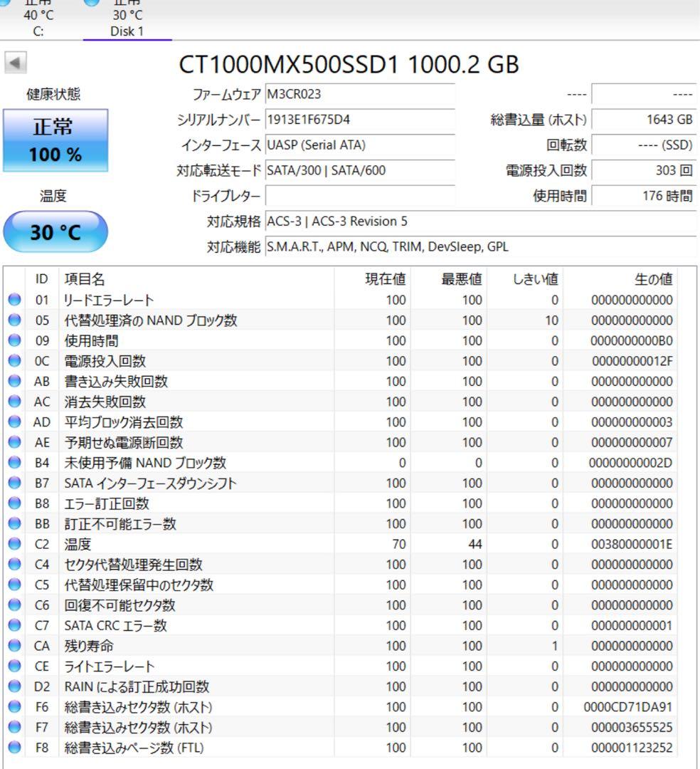 【使用176時間】1TB/2.5インチSSD/Crucial/CT1000MX